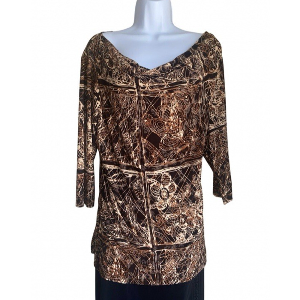 IN Studio Women's 1X Plus Size Brown Draped Cowl Neck Stretchy Blouse USA Made
